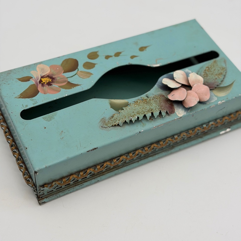 Vintage Dee-Art Hand Painted Metal Tissue Box Cover Blue Floral Toleware MCM